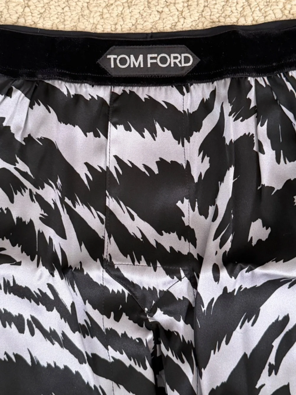 Tom Ford Gray Black Zebra Stretch Silk Logo Velvet Waistband Boxer Shorts